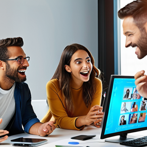 Home 19 ** A diverse team collaborating in a modern, brightly lit office. Focus on expressions of adaptability and enthusiasm as they interact with new technology (perhaps a holographic display or advanced software interface). The overall feel is energetic and forward-thinking.
**