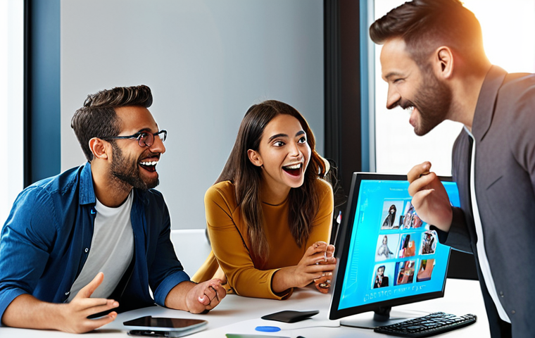 ** A diverse team collaborating in a modern, brightly lit office. Focus on expressions of adaptability and enthusiasm as they interact with new technology (perhaps a holographic display or advanced software interface). The overall feel is energetic and forward-thinking.
**