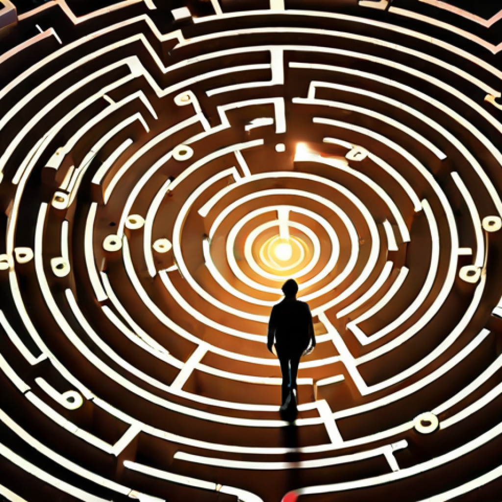 **Overcoming the Skill Labyrinth:** A confused individual stands overwhelmed within a vast, glowing digital labyrinth of abstract, rapidly changing skills and technologies. Scattered knowledge symbols swirl around them. A beam of light, representing real-time feedback, cuts through the chaos, illuminating a clear, focused path forward on a dynamic map held in their hands, symbolizing newfound clarity and strategic direction in learning.