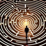 **Overcoming the Skill Labyrinth:** A confused individual stands overwhelmed within a vast, glowing digital labyrinth of abstract, rapidly changing skills and technologies. Scattered knowledge symbols swirl around them. A beam of light, representing real-time feedback, cuts through the chaos, illuminating a clear, focused path forward on a dynamic map held in their hands, symbolizing newfound clarity and strategic direction in learning.