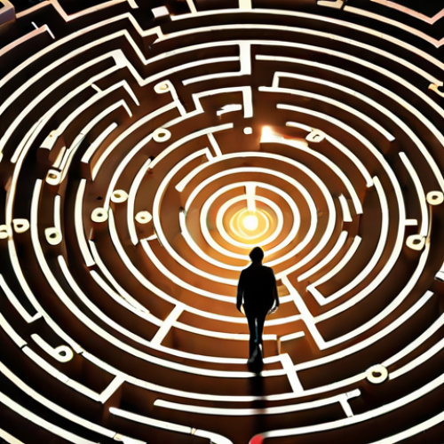 Home 17 **Overcoming the Skill Labyrinth:** A confused individual stands overwhelmed within a vast, glowing digital labyrinth of abstract, rapidly changing skills and technologies. Scattered knowledge symbols swirl around them. A beam of light, representing real-time feedback, cuts through the chaos, illuminating a clear, focused path forward on a dynamic map held in their hands, symbolizing newfound clarity and strategic direction in learning.