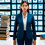 A professional woman, fully clothed in a modest business suit, stands in a stylized, modern office environment. On one side, she is surrounded by a chaotic whirlwind of floating digital icons and overflowing books, symbolizing an overwhelming number of unprioritized skills, reflecting the "Laberinto de Habilidades". Her expression is one of slight bewilderment but also determination. On the other side, the scene transitions to a calm, focused area where she is deeply engaged with a single, glowing interface, representing concentrated skill acquisition. The background is clean and organized, showing growth. Perfect anatomy, correct proportions, natural pose, well-formed hands, proper finger count, natural body proportions. Professional photography, high quality, studio lighting. safe for work, appropriate content, fully clothed, professional.