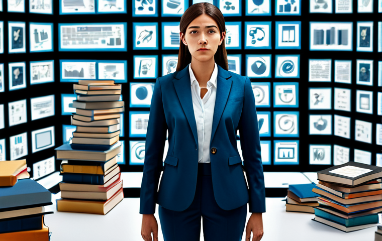 A professional woman, fully clothed in a modest business suit, stands in a stylized, modern office environment. On one side, she is surrounded by a chaotic whirlwind of floating digital icons and overflowing books, symbolizing an overwhelming number of unprioritized skills, reflecting the "Laberinto de Habilidades". Her expression is one of slight bewilderment but also determination. On the other side, the scene transitions to a calm, focused area where she is deeply engaged with a single, glowing interface, representing concentrated skill acquisition. The background is clean and organized, showing growth. Perfect anatomy, correct proportions, natural pose, well-formed hands, proper finger count, natural body proportions. Professional photography, high quality, studio lighting. safe for work, appropriate content, fully clothed, professional.
