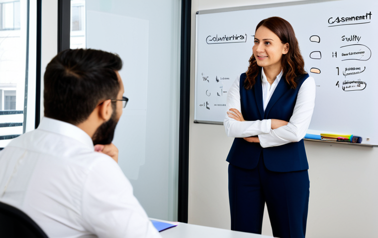 Assessing Soft Skills in an Interview**
A professional HR manager in a modern office, conducting a structured interview. The candidate is neatly dressed and engaged in conversation. Focus on evaluating communication and teamwork skills. Background includes a whiteboard with "Skills Assessment" written on it. Fully clothed, appropriate attire, safe for work, perfect anatomy, natural proportions, professional, family-friendly.
**