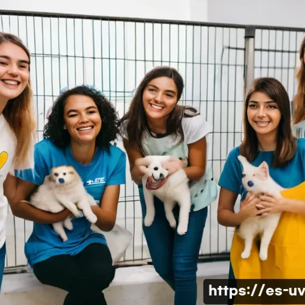직무에 따른 핵심 스킬 분석하기 - **Prompt:** "A group of diverse young adults volunteering at a local animal shelter in Barcelona, Sp...