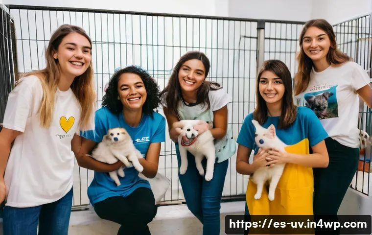 직무에 따른 핵심 스킬 분석하기 - **Prompt:** "A group of diverse young adults volunteering at a local animal shelter in Barcelona, Sp...