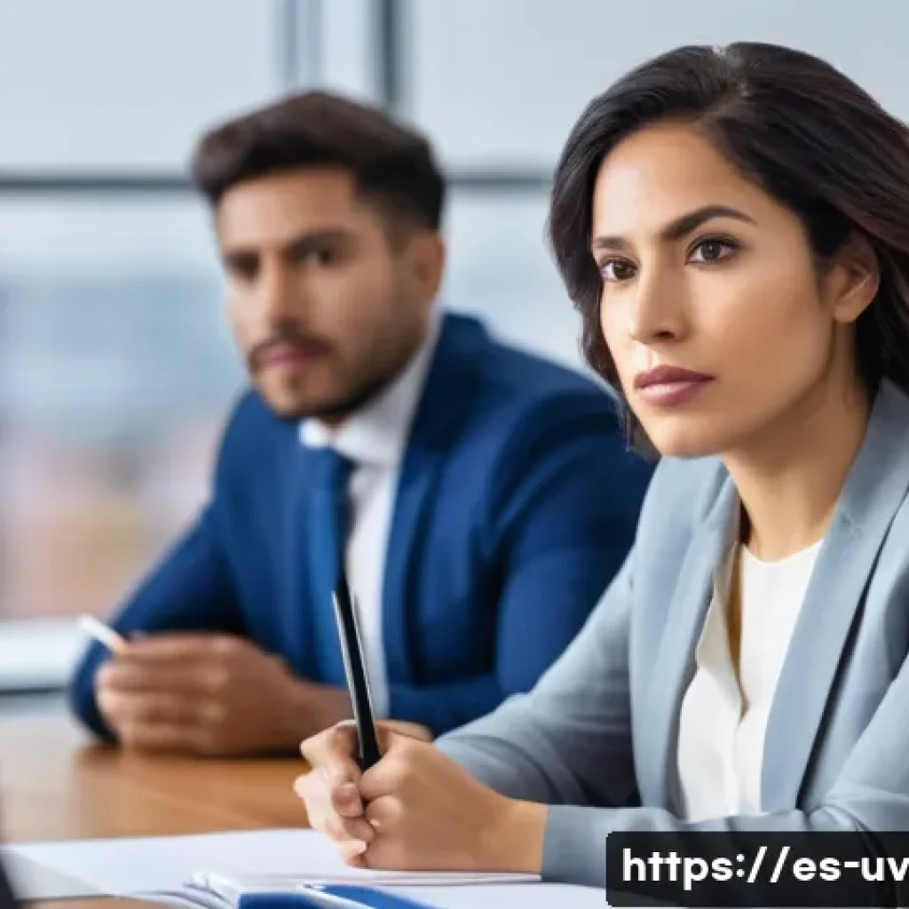 핵심 스킬 우선순위화와 대인 관계 기술 - A professional Hispanic woman in her early 30s attentively listening during a business meeting, seat...