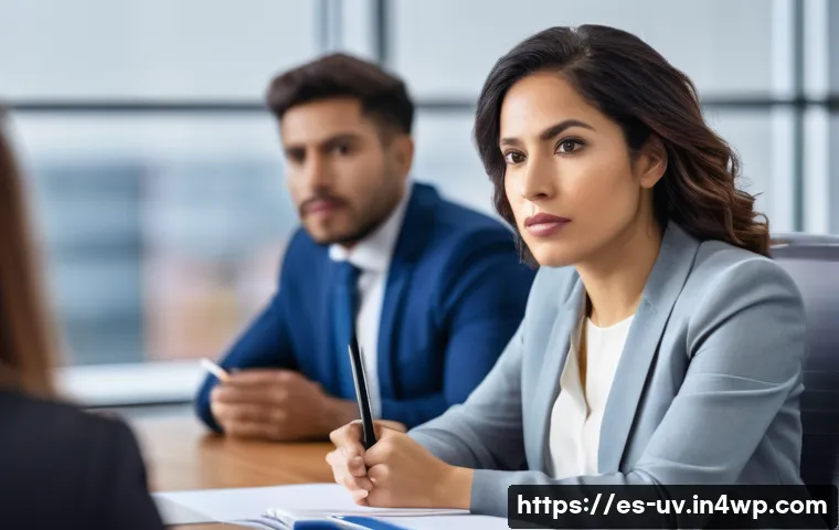 핵심 스킬 우선순위화와 대인 관계 기술 - A professional Hispanic woman in her early 30s attentively listening during a business meeting, seat...