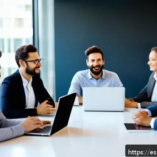 Home 30 우선순위화된 스킬과 비즈니스 성과의 상관관계 - A diverse professional team engaged in a dynamic office meeting, showcasing active communication wit...